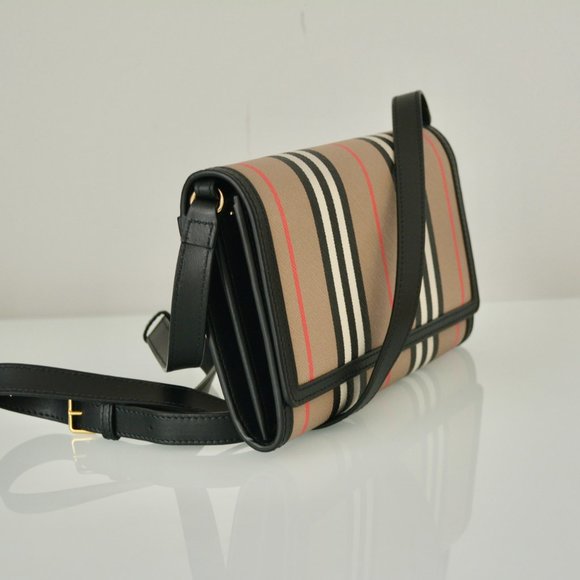 NWT BURBERRY ICON STRIP HANNAH LEATHER TRIM CROSSBODY WALLET BAG - Picture 4 of 12